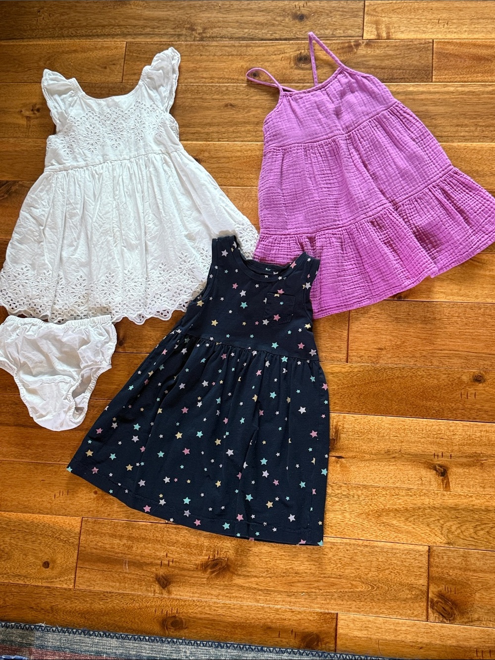 GAP Girls Star Print Black Dress, White Eyelet Dress & Pink Tiered Sundress